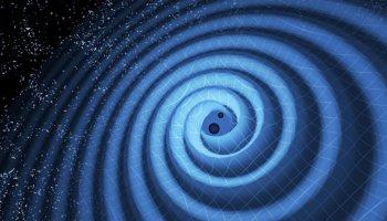 Immagine di fantasia della fusione di due stelle di neutroni e della diffusione di onde gravitazionali
