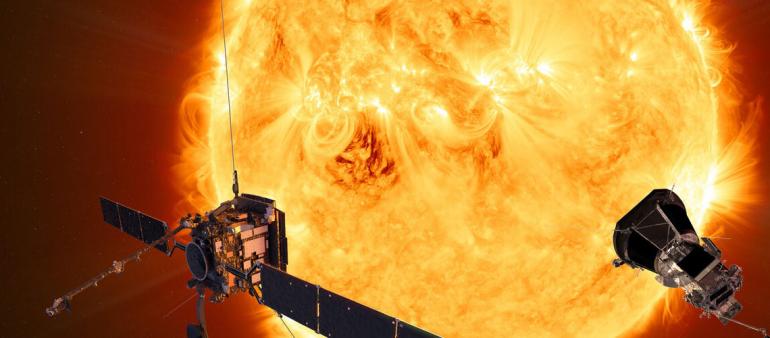 Immagine di fantasia delle sonde Solar Orbiter e Parker Solar Probe in viaggio verso il Sole