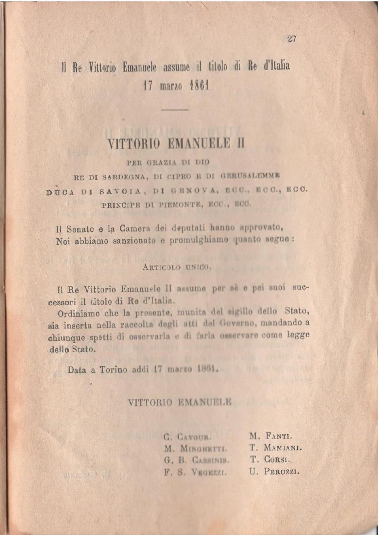 Prima pagina dello Statuto Fondamentale del Regno d'Italia